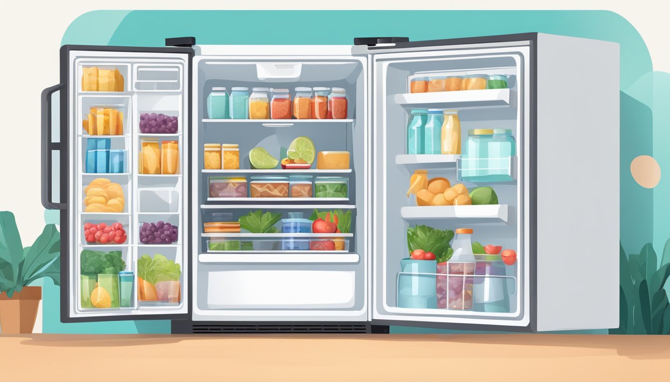 A modern, sleek fridge stands open, filled with neatly organized food items. A hand reaches for a cold beverage