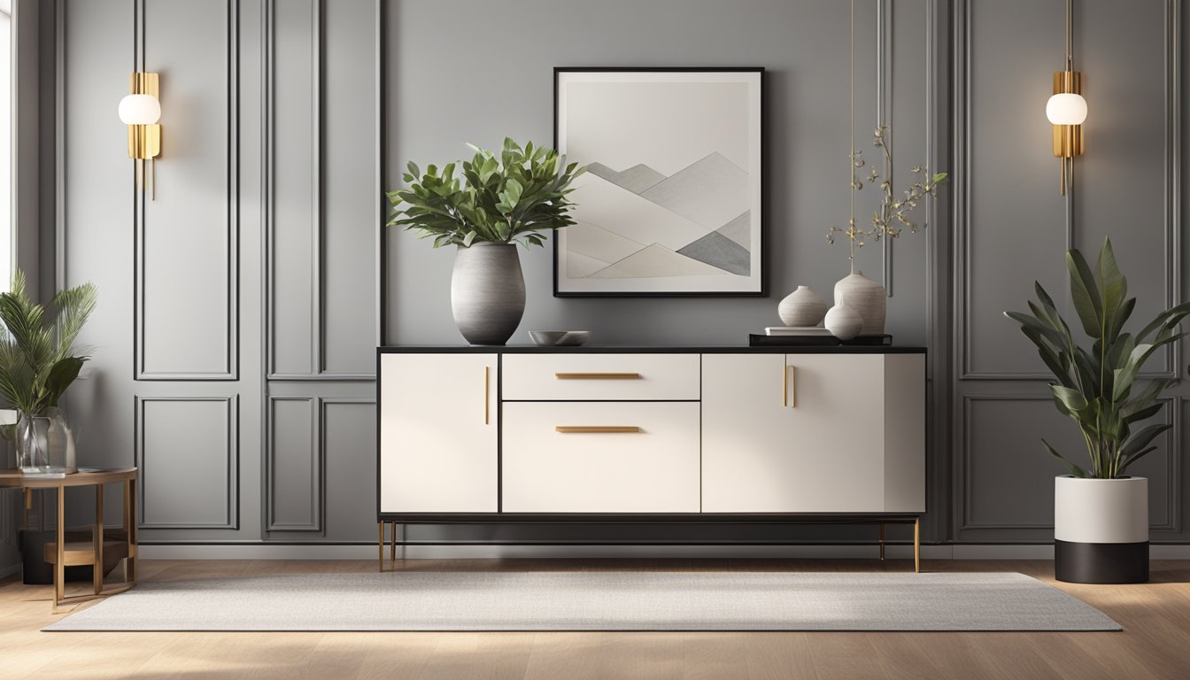 A sleek, modern sideboard table sits against a wall, adorned with elegant decor and surrounded by stylish furniture in a well-lit room