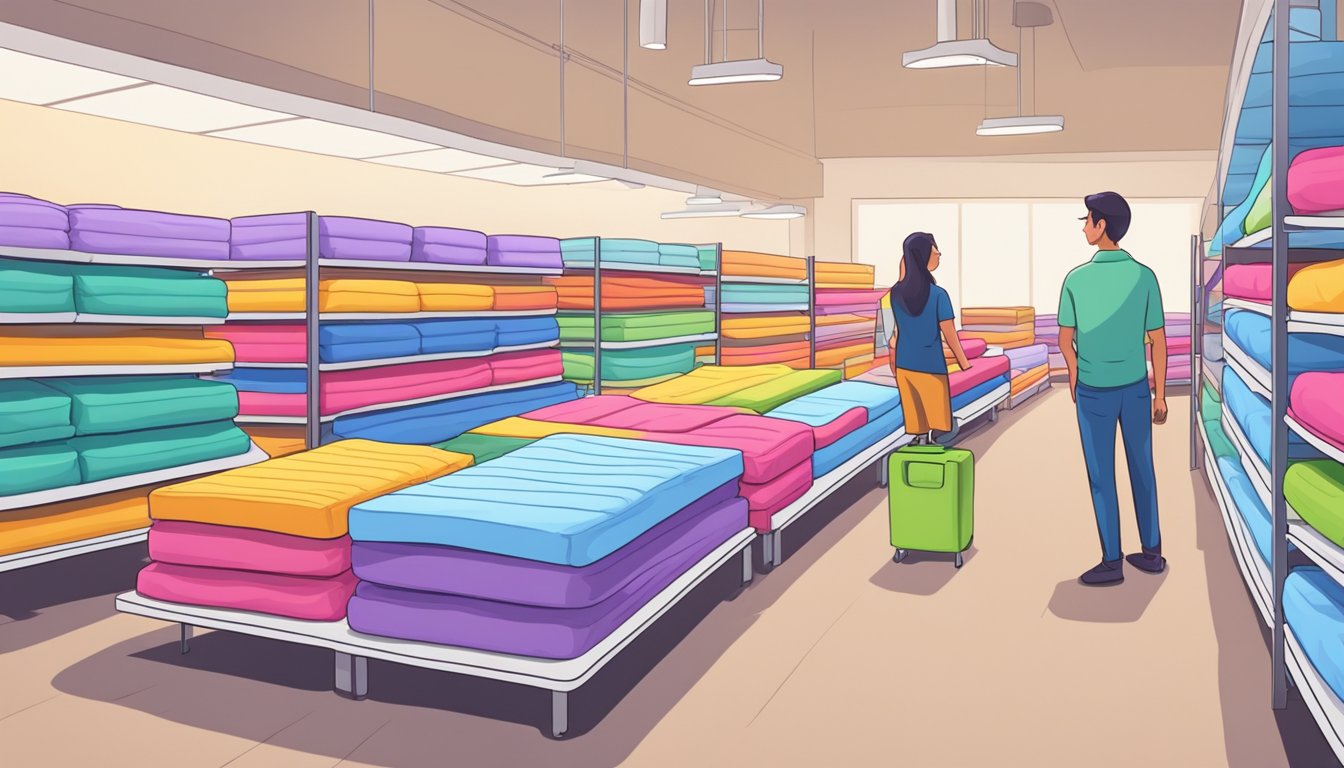 A brightly lit mattress shop with rows of colorful, neatly arranged mattresses and a friendly salesperson assisting a customer