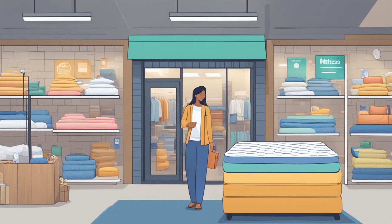 A person shops for a mattress at a store, surrounded by various options and signs for mattress care