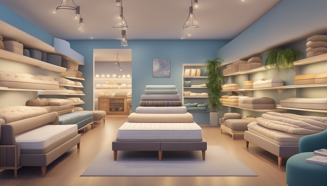 A cozy mattress shop with a variety of mattresses displayed neatly. Bright lighting and comfortable seating create a welcoming atmosphere