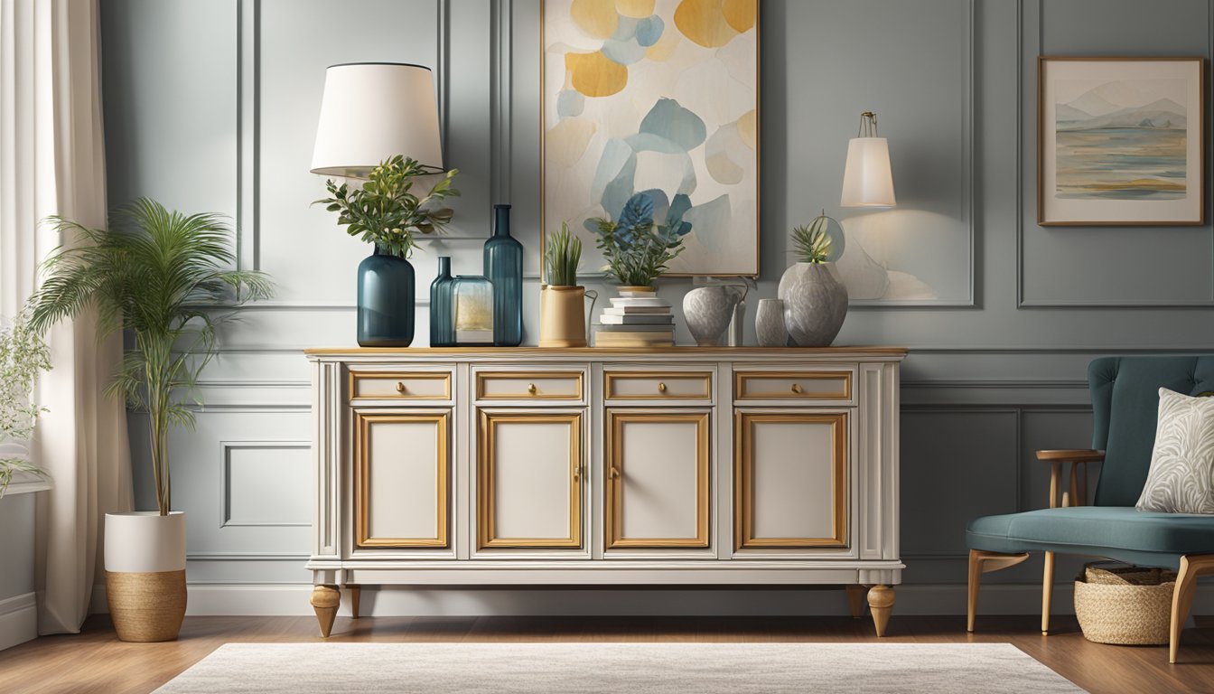 A sideboard table sits in a well-lit room, adorned with decorative items and surrounded by stylish furniture