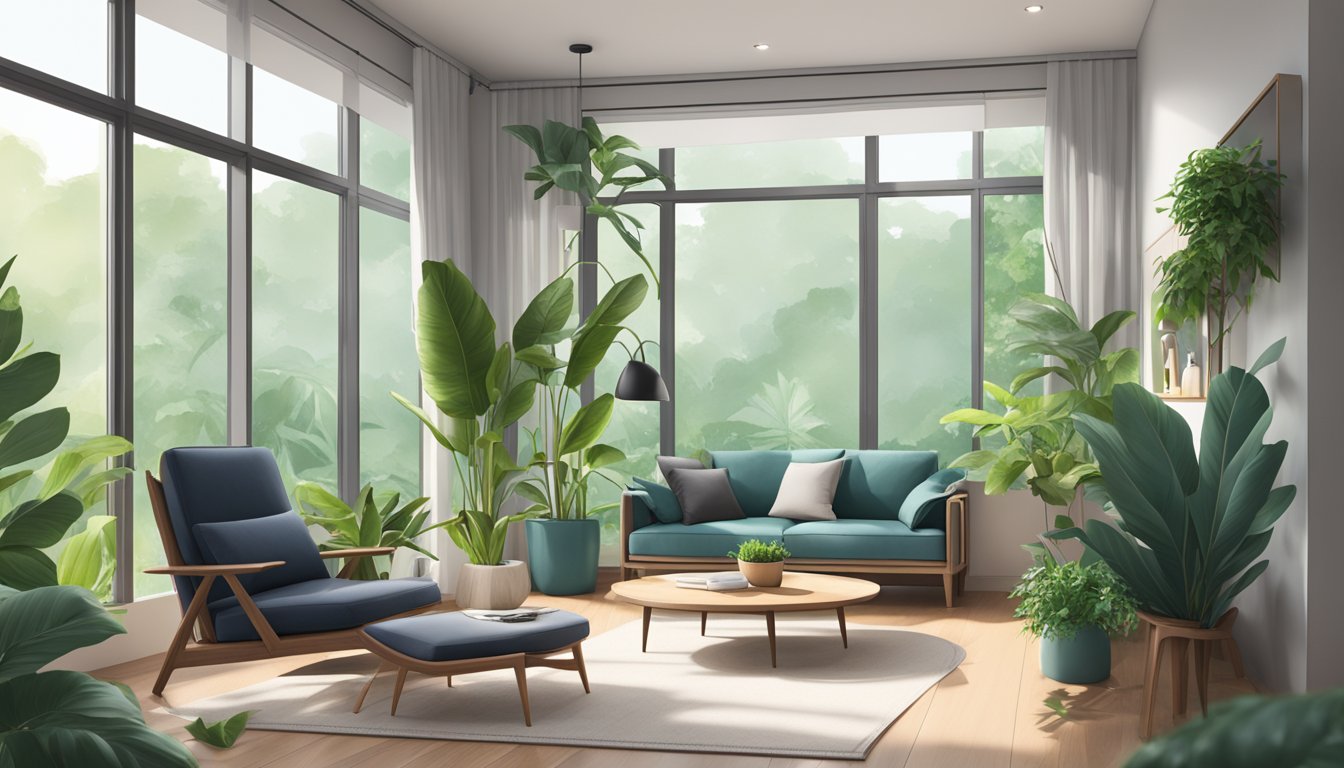 A cozy living room with a sleek, modern chair in a Singaporean home, surrounded by lush green plants and natural light