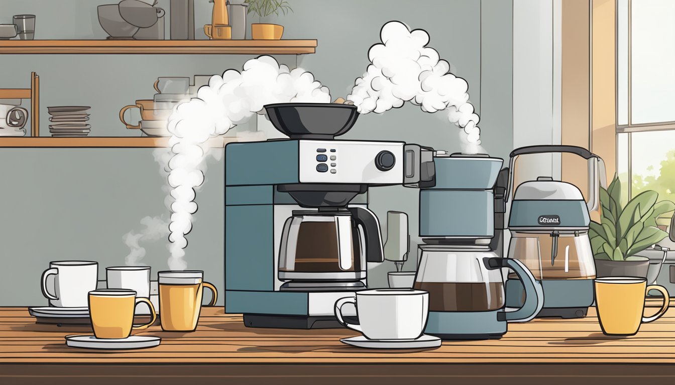 Steam rises from multiple air pots on a table, surrounded by mugs and a coffee maker