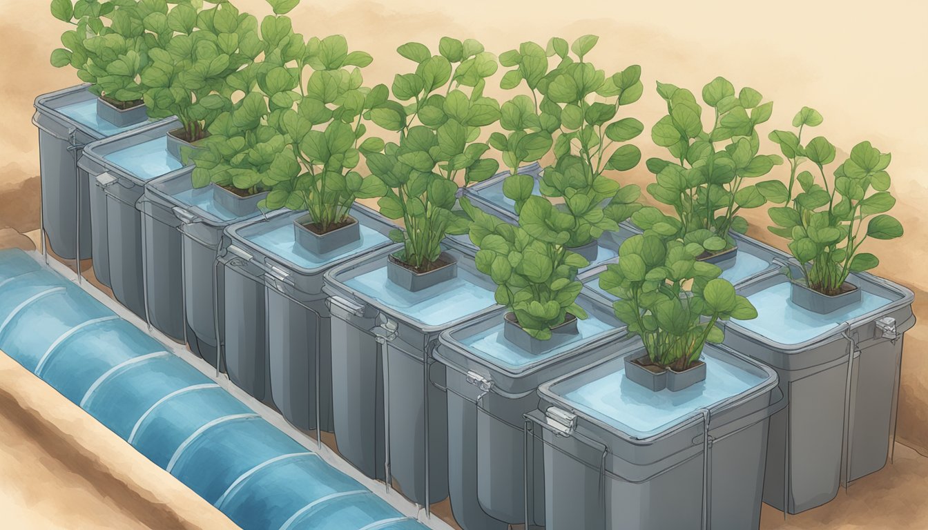 A group of air pots arranged in a neat row, with plants growing out of the top. The pots are connected to a central water reservoir, and there are small tubes running from the reservoir to each pot
