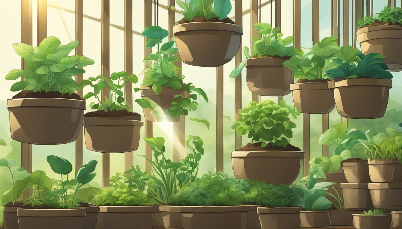 Lush green plants growing in air pots, surrounded by nutrient-rich soil and receiving ample sunlight