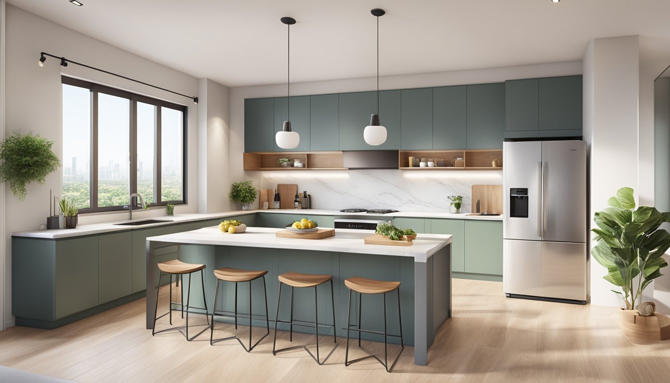 A spacious 4-room BTO open kitchen with a sleek island, modern appliances, ample storage, and a cozy dining area. Natural light streams in through large windows, illuminating the clean, minimalist design