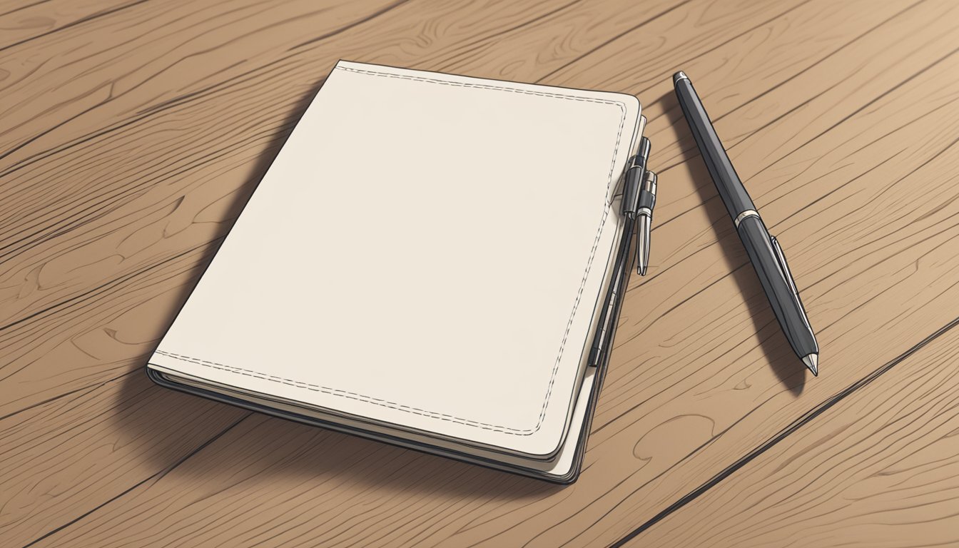 A custom A5 notebook lies open on a wooden desk, with a pen resting on its blank pages. The cover features a unique design, and the pages are neatly lined