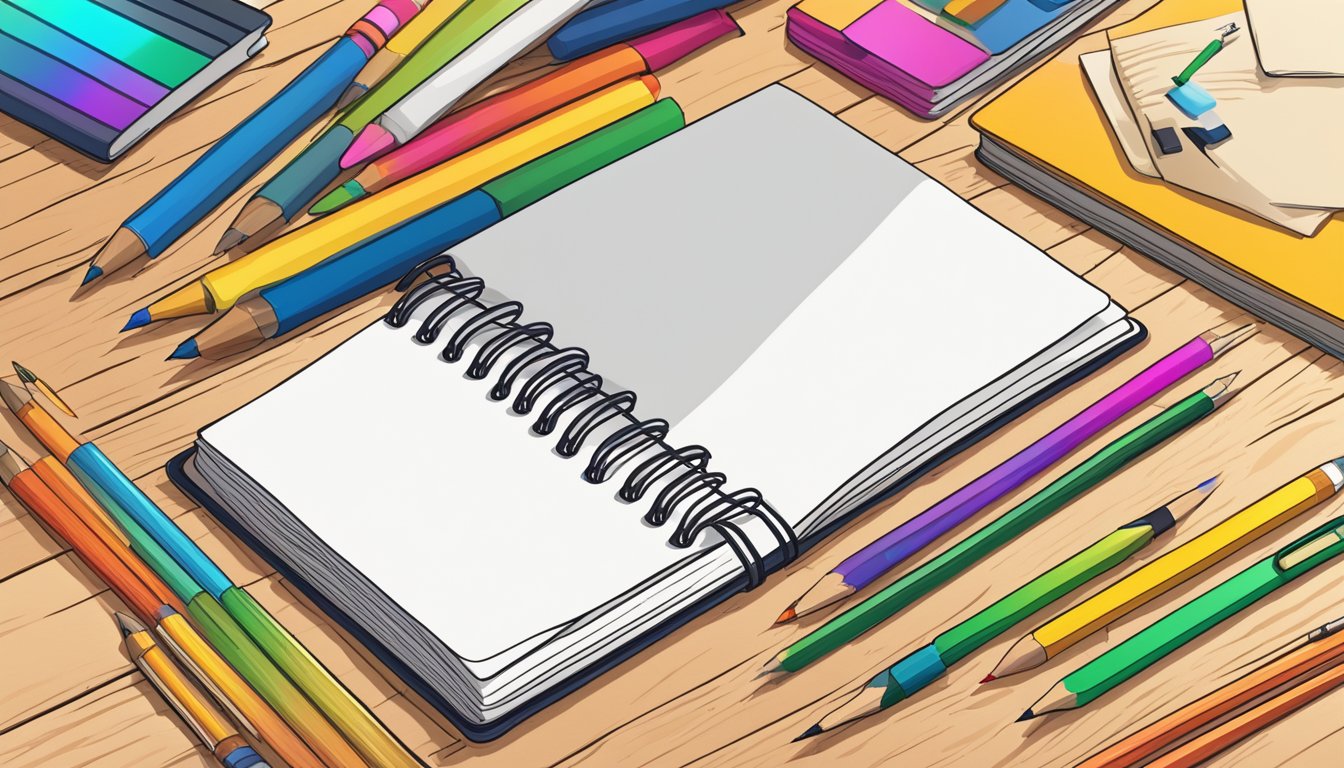 A blank A5 notebook lies open on a wooden desk, surrounded by colorful pens and pencils. The cover features a customizable design, ready to be personalized