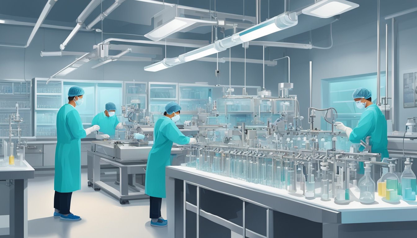 A sterile laboratory with technicians assembling intricate heart valve devices. Machines hum as they meticulously craft and inspect the delicate tissue valves