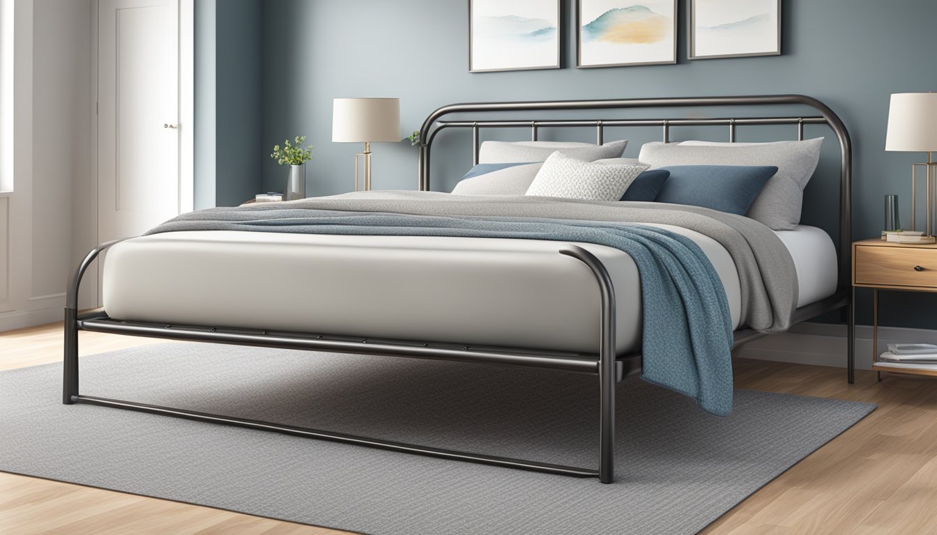 A simple metal bed frame supports a plush mattress, adorned with soft pillows and a cozy blanket