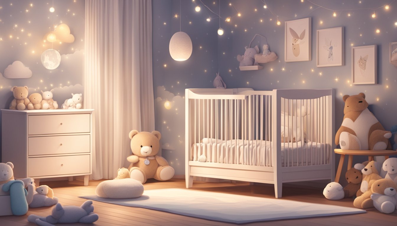 A cozy baby mattress in a serene nursery, surrounded by soft toys and a gentle night light