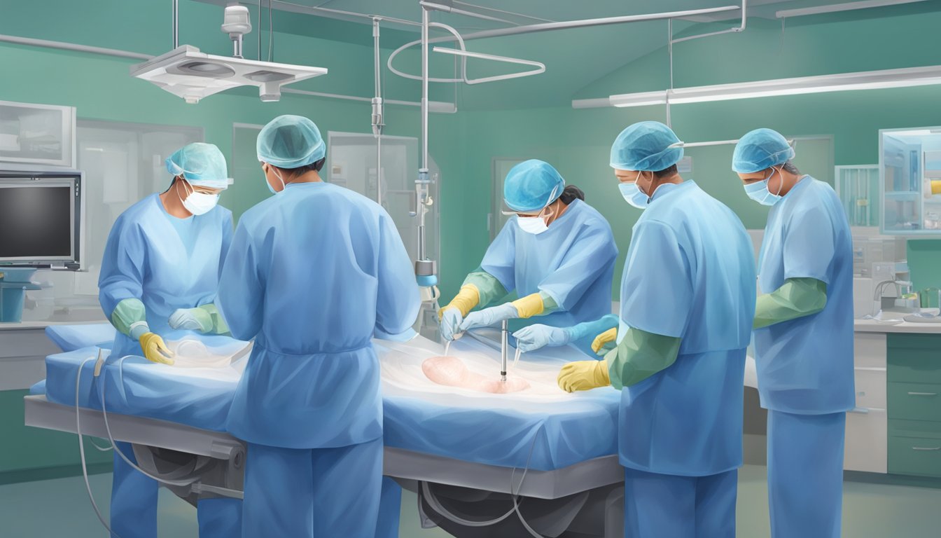 A surgical team carefully implants tissue heart valves. Another team performs transcatheter valve implantation
