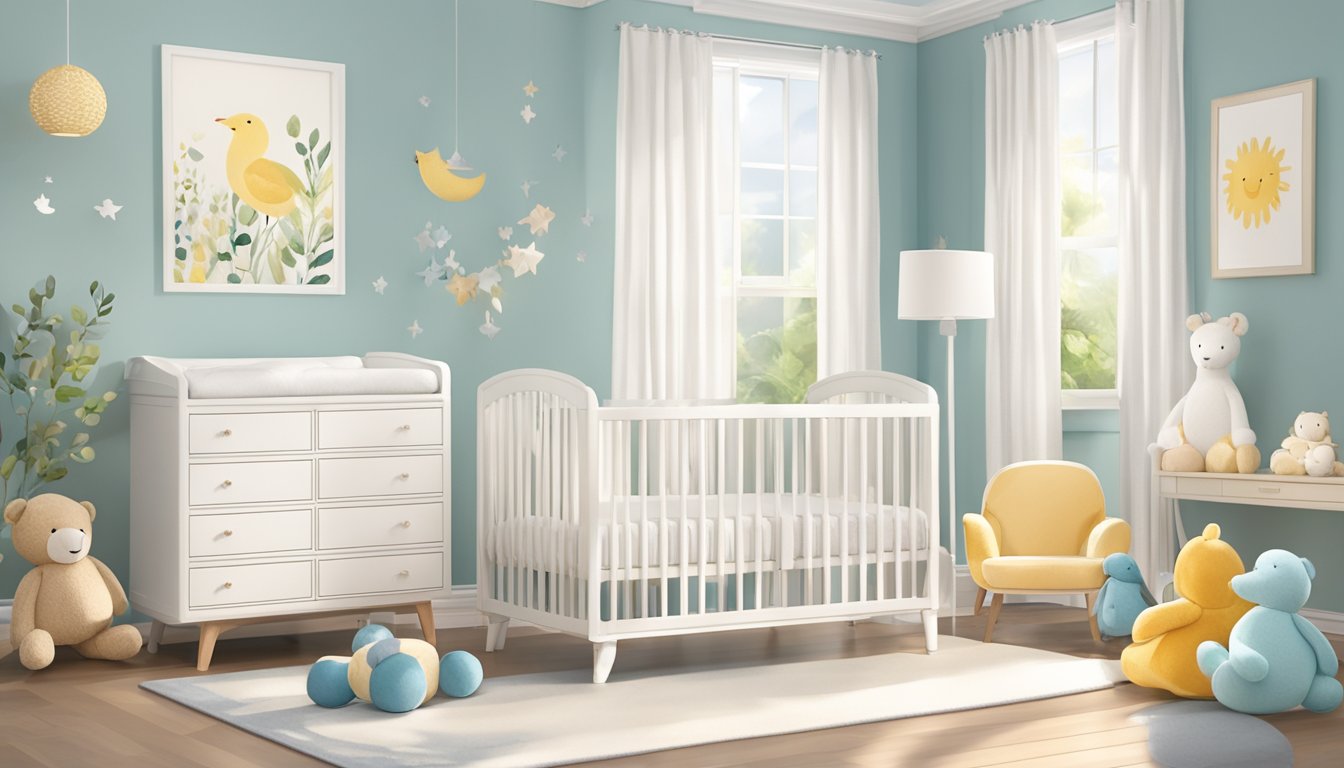 A baby mattress sits on a pristine white crib, surrounded by soft, plush toys and a gentle mobile overhead. The room is filled with natural light, creating a peaceful and serene atmosphere