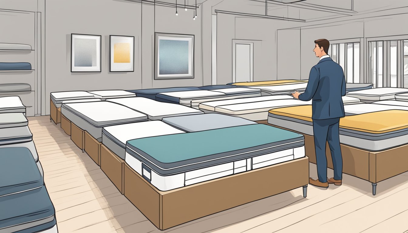 A person selecting a bed frame and mattress from a variety of options in a showroom