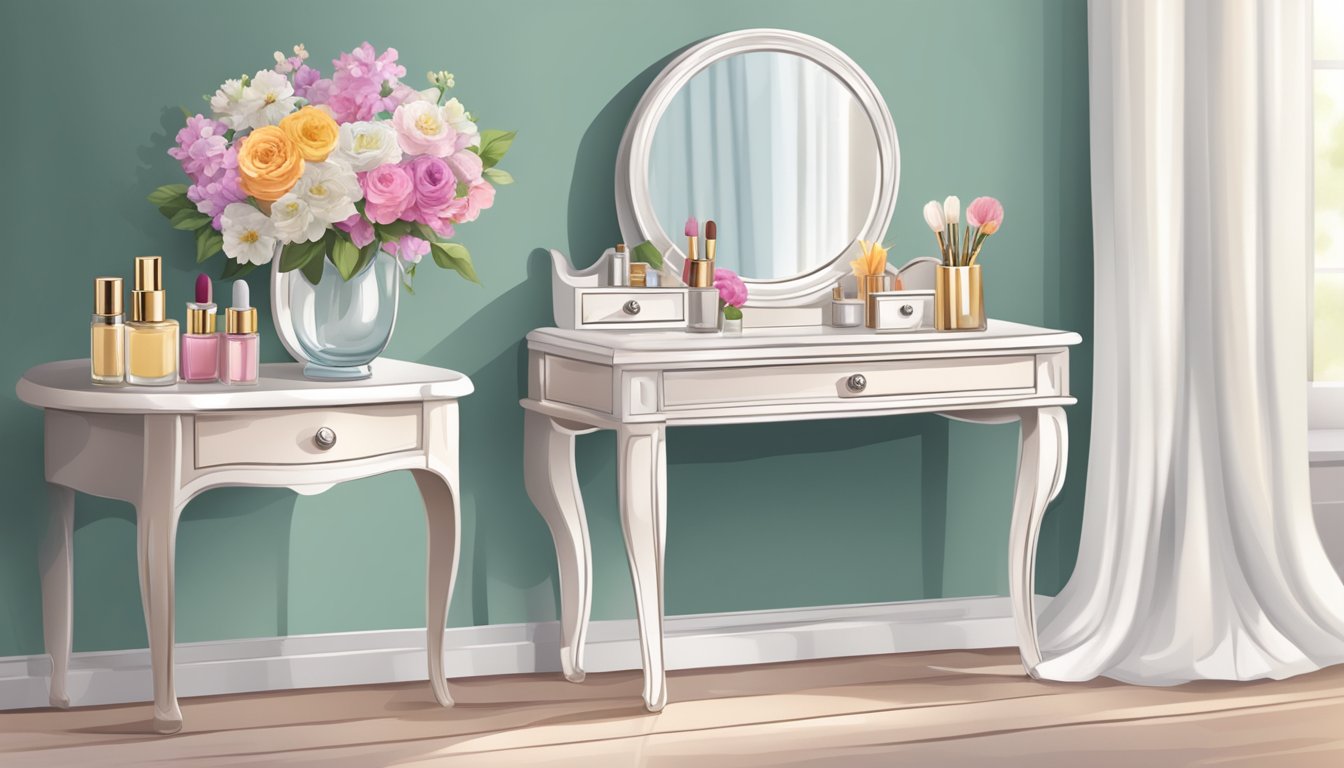 A small dressing table with a mirror, a few cosmetics, and a delicate vase of flowers