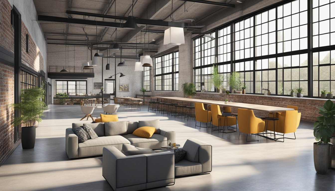 A spacious, open-plan industrial interior with exposed brick walls, polished concrete floors, and sleek metal fixtures. Large windows flood the space with natural light, highlighting the minimalist furniture and clean lines