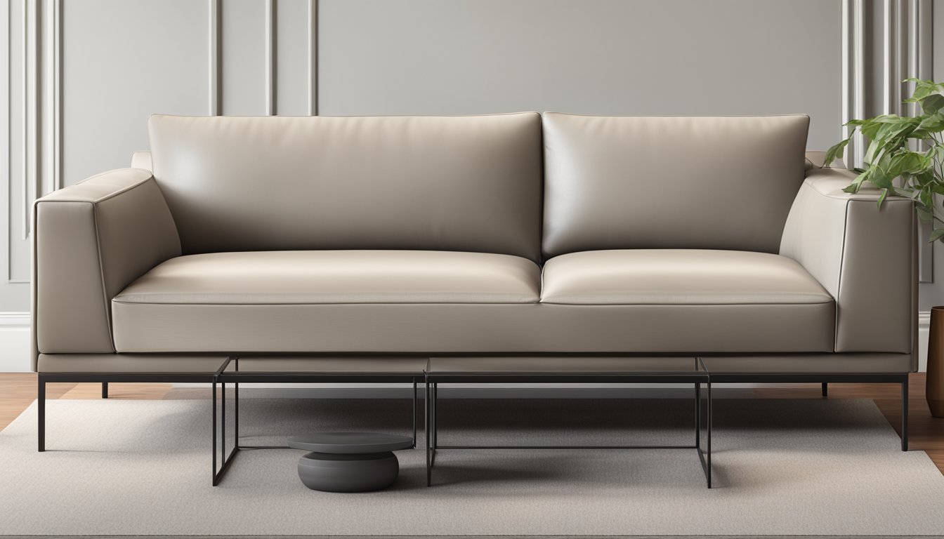 A sleek 3-seater leather sofa in a modern living room, with clean lines and a neutral color palette