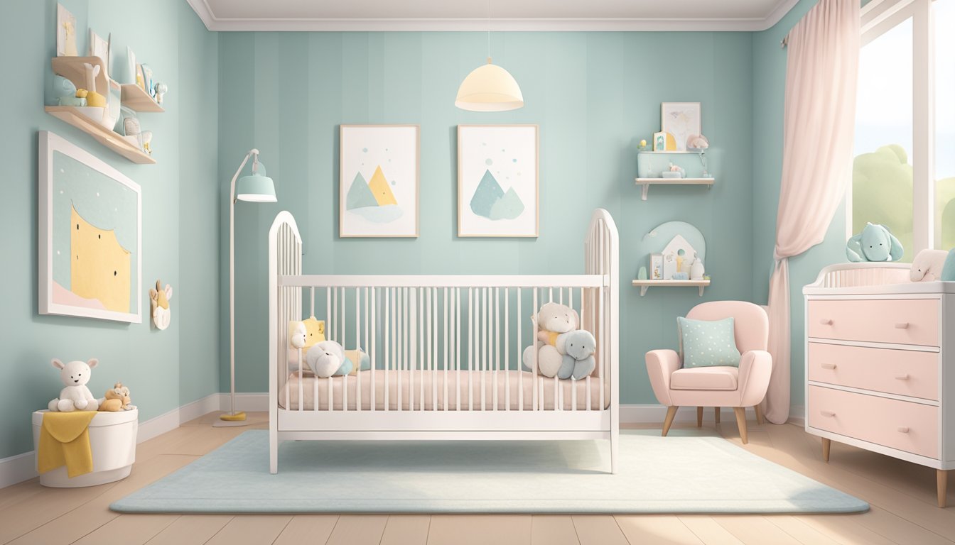A cozy nursery with a crib featuring a breathable, hypoallergenic baby mattress. Soft, pastel bedding and a mobile hang above