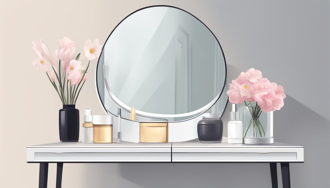 A small dressing table with a sleek, modern design. Clean lines, minimalistic aesthetic. A mirror, a few beauty products, and a small vase with flowers on the table
