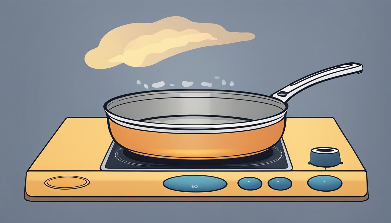 A pan sits on an induction cooktop, with heat waves radiating from the bottom