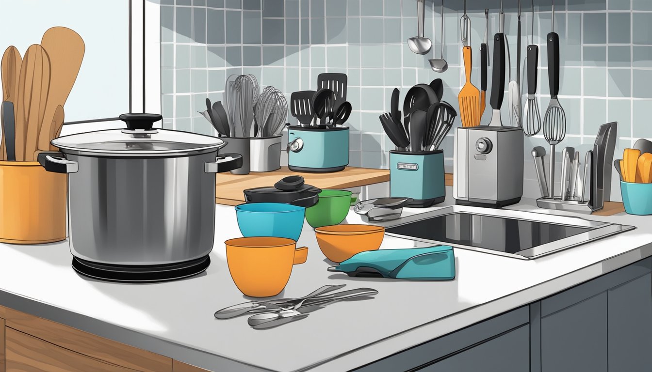 A cluttered kitchen counter with stainless steel pots, pans, and utensils neatly organized in a rack. A modern blender and a set of sharp knives sit on the side
