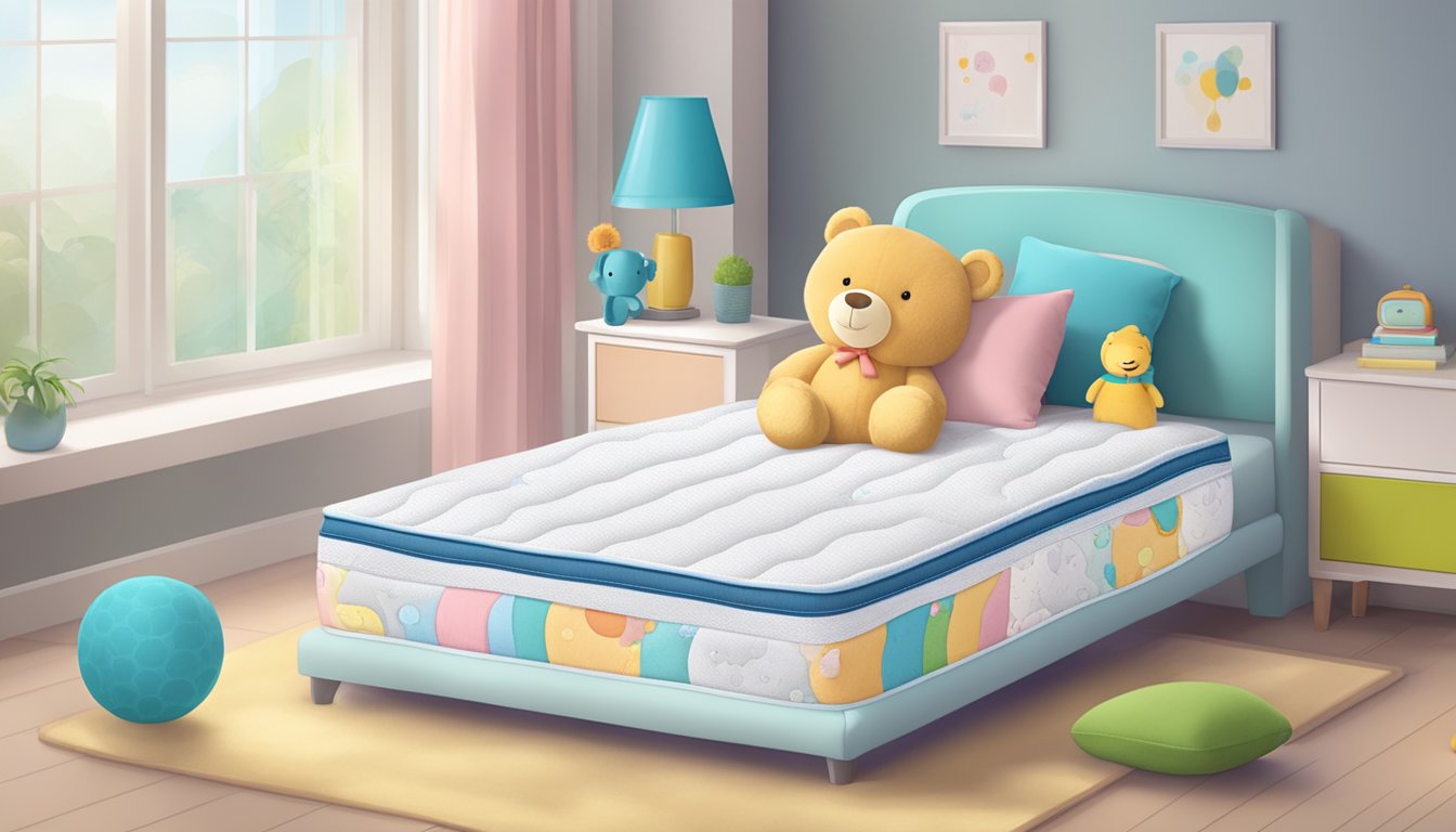A baby mattress with a "Frequently Asked Questions" label, surrounded by soft, colorful bedding and a plush toy