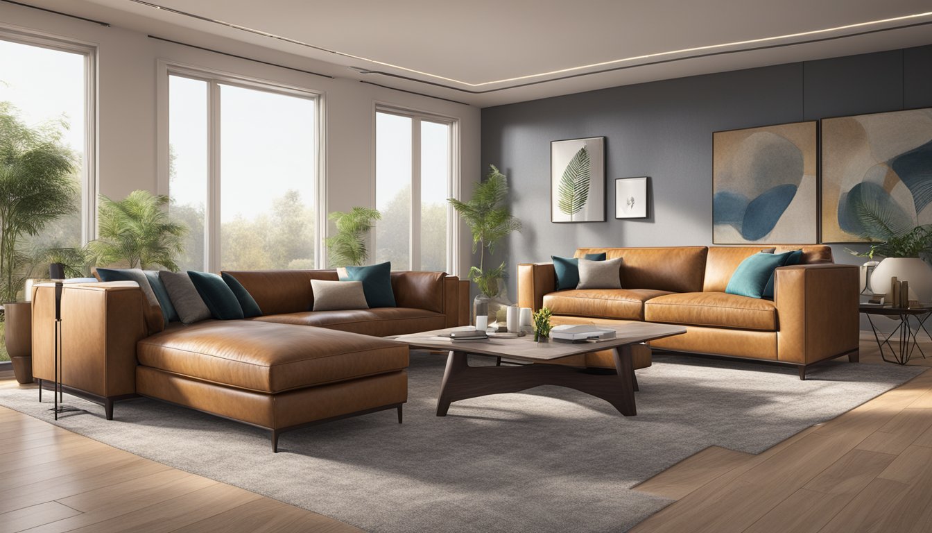 A 3-seater leather sofa sits in a well-lit living room, surrounded by modern decor and a plush rug. The sofa's sleek lines and luxurious material invite relaxation and comfort