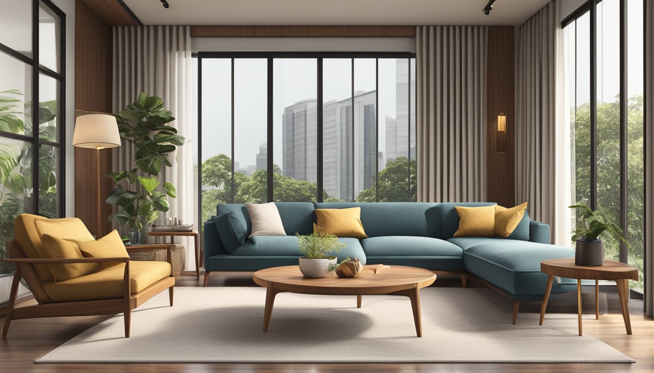 A teak wood sofa sits in a stylish living room in Singapore, surrounded by modern decor and large windows letting in natural light