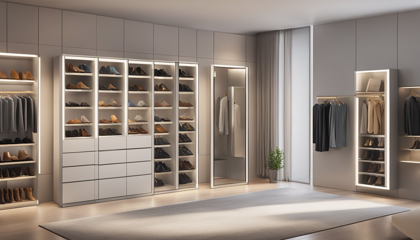 A sleek, modern shoe cabinet with multiple compartments and a mirrored door, set against a minimalist backdrop with soft lighting