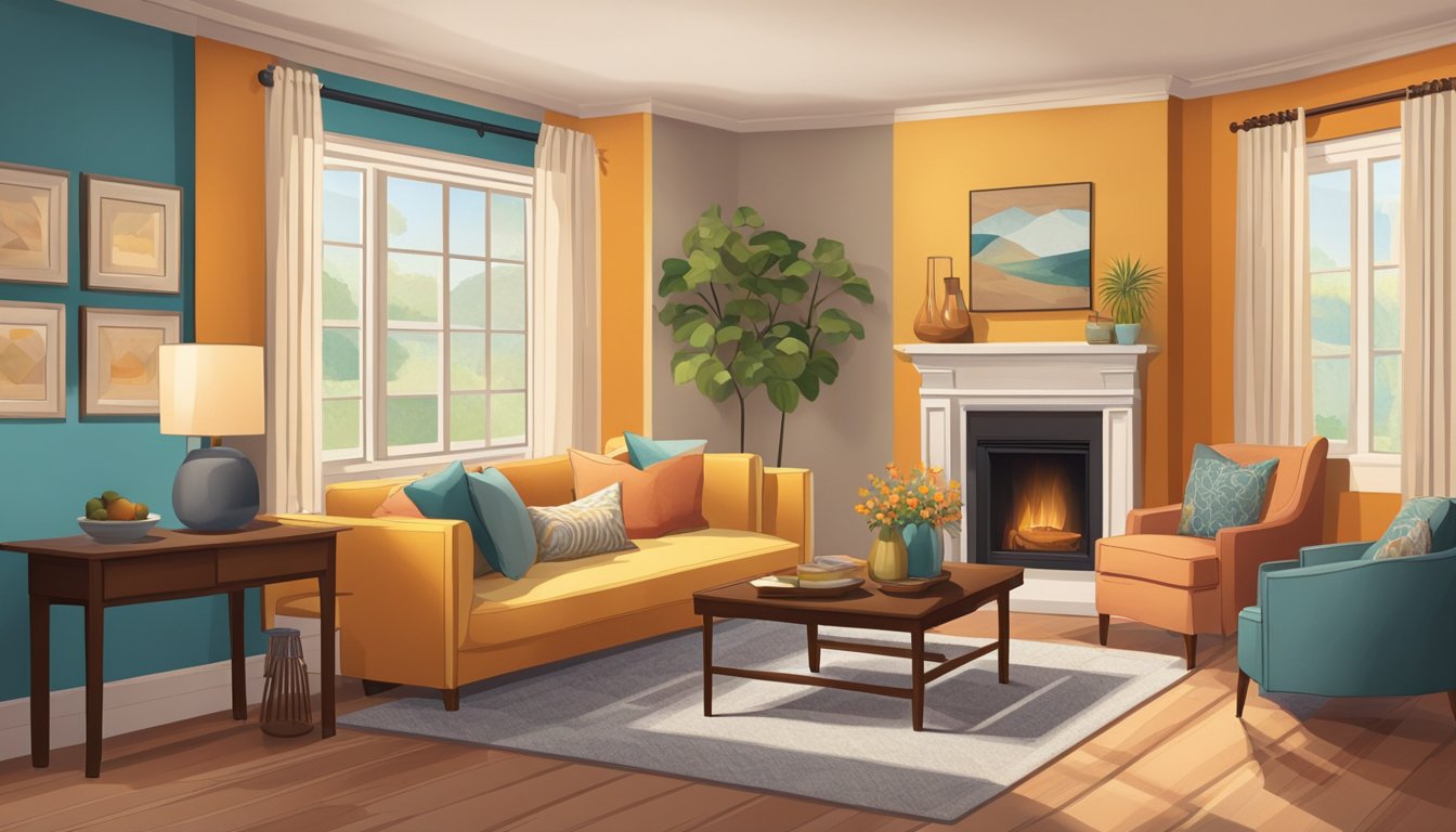 A cozy living room with a fireplace, comfortable furniture, and warm lighting. A small dining area with a table set for two. Brightly colored walls and decorative accents give the space a welcoming feel