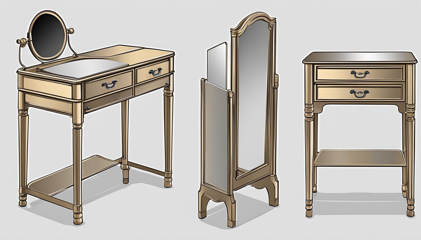 A small dressing table with adjustable mirror, multiple drawers, and foldable surface for versatile use
