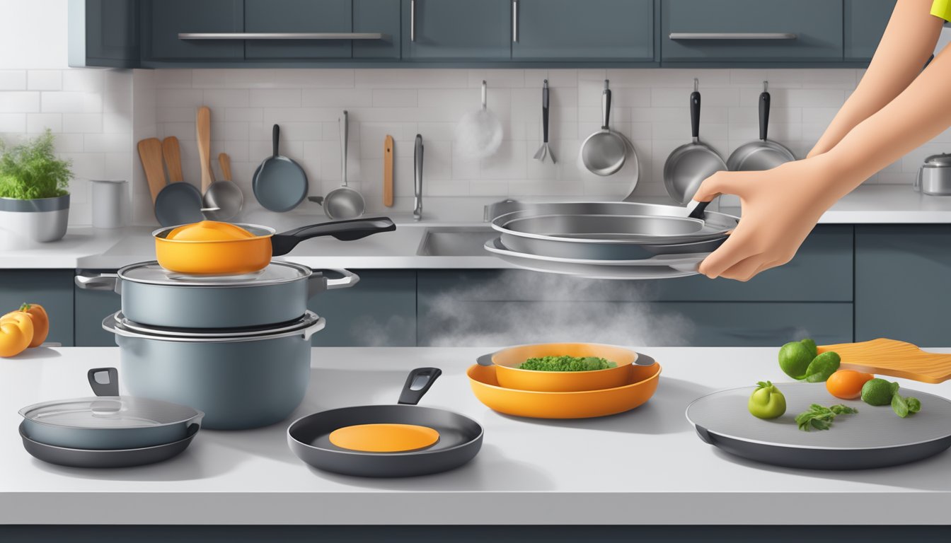 A hand reaches for a stack of induction pans, comparing sizes and materials. A modern kitchen with sleek countertops and hanging utensils in the background