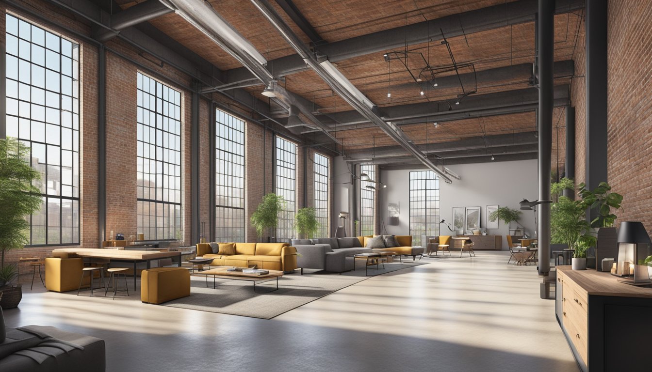A spacious industrial space with exposed brick walls, metal beams, and large windows. High ceilings, concrete floors, and minimalist furniture create a sleek, modern aesthetic