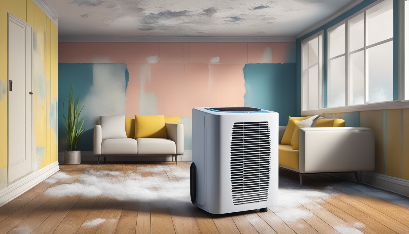 A dehumidifier sits in a damp room, surrounded by patches of mould on the walls and ceiling