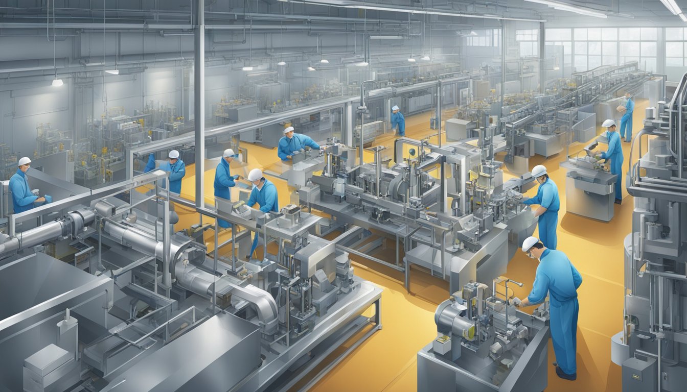 A factory floor with workers assembling tissue heart valves. Machinery hums as workers inspect and package the valves