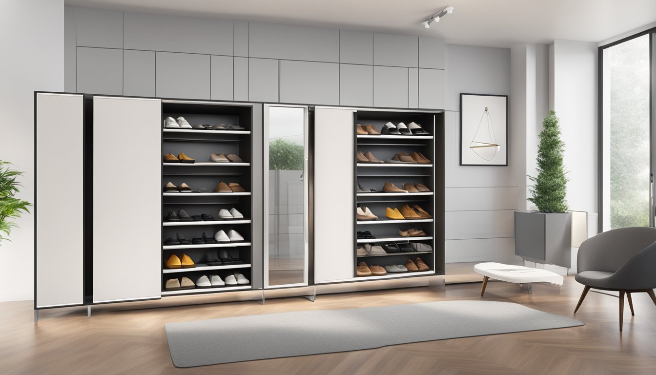 A sleek, modern shoe cabinet with multiple compartments and sliding doors, showcasing innovative design and functionality