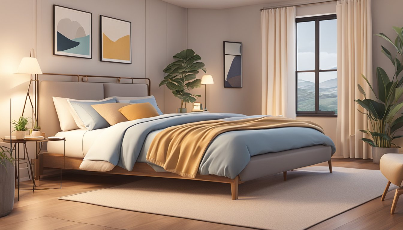 A cozy bedroom with a sturdy bed frame and plush mattress, surrounded by soft, calming colors and warm lighting