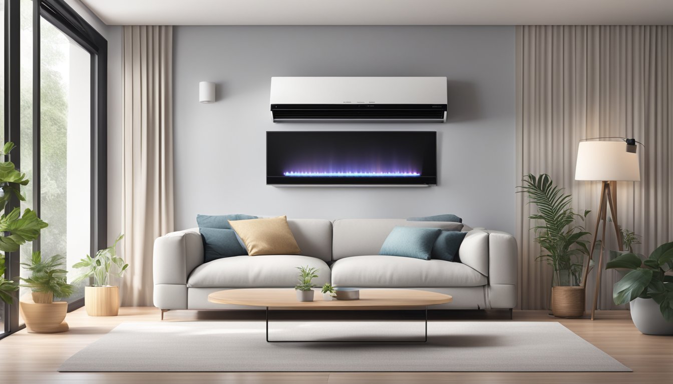 A modern air conditioner unit installed in a clean and spacious living room with a sleek and minimalist design, emitting cool air and maintaining a comfortable temperature