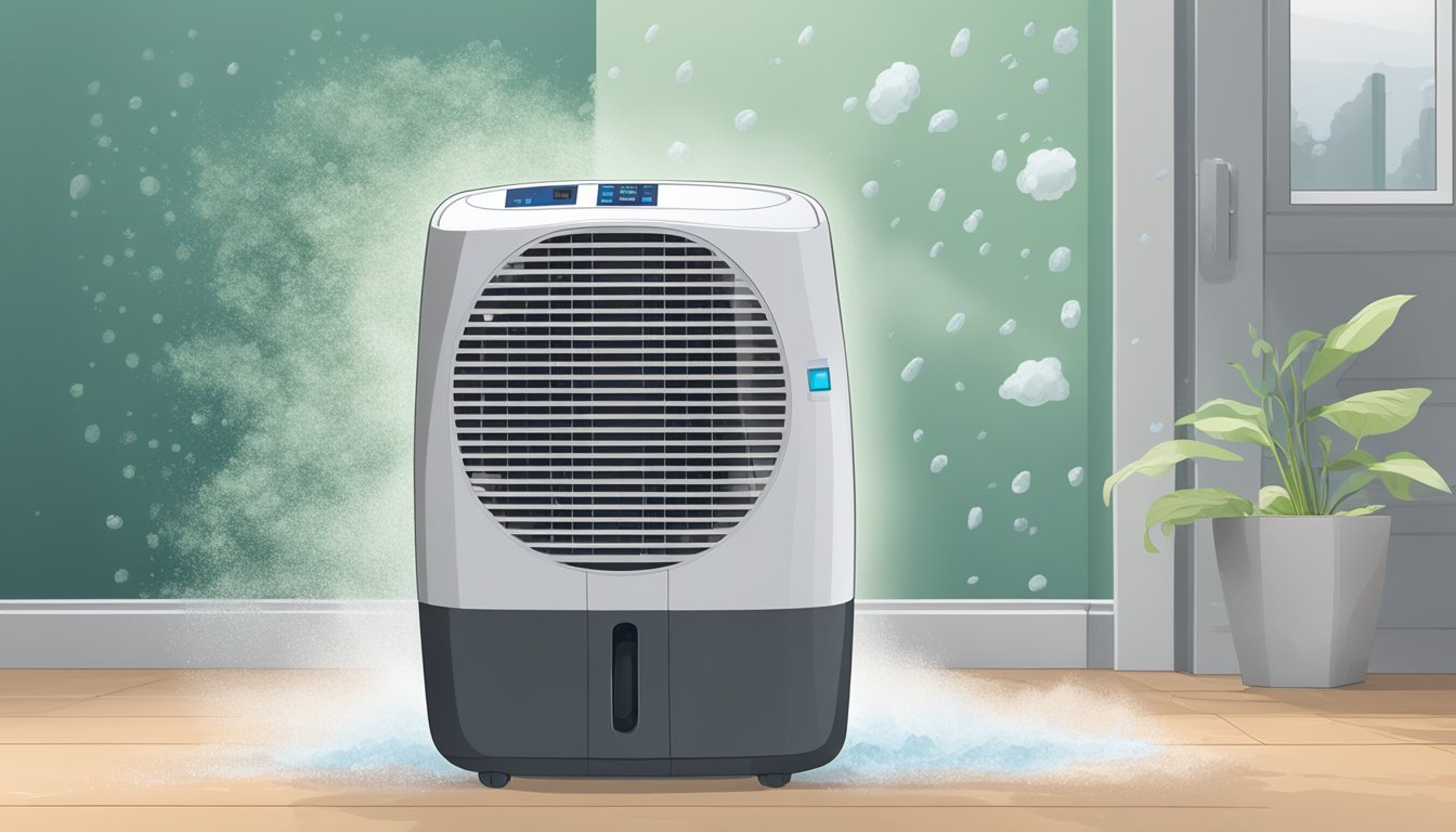 A dehumidifier sits in a damp room, pulling moisture from the air. Mould grows on the walls and ceiling, but the dehumidifier helps prevent further spread