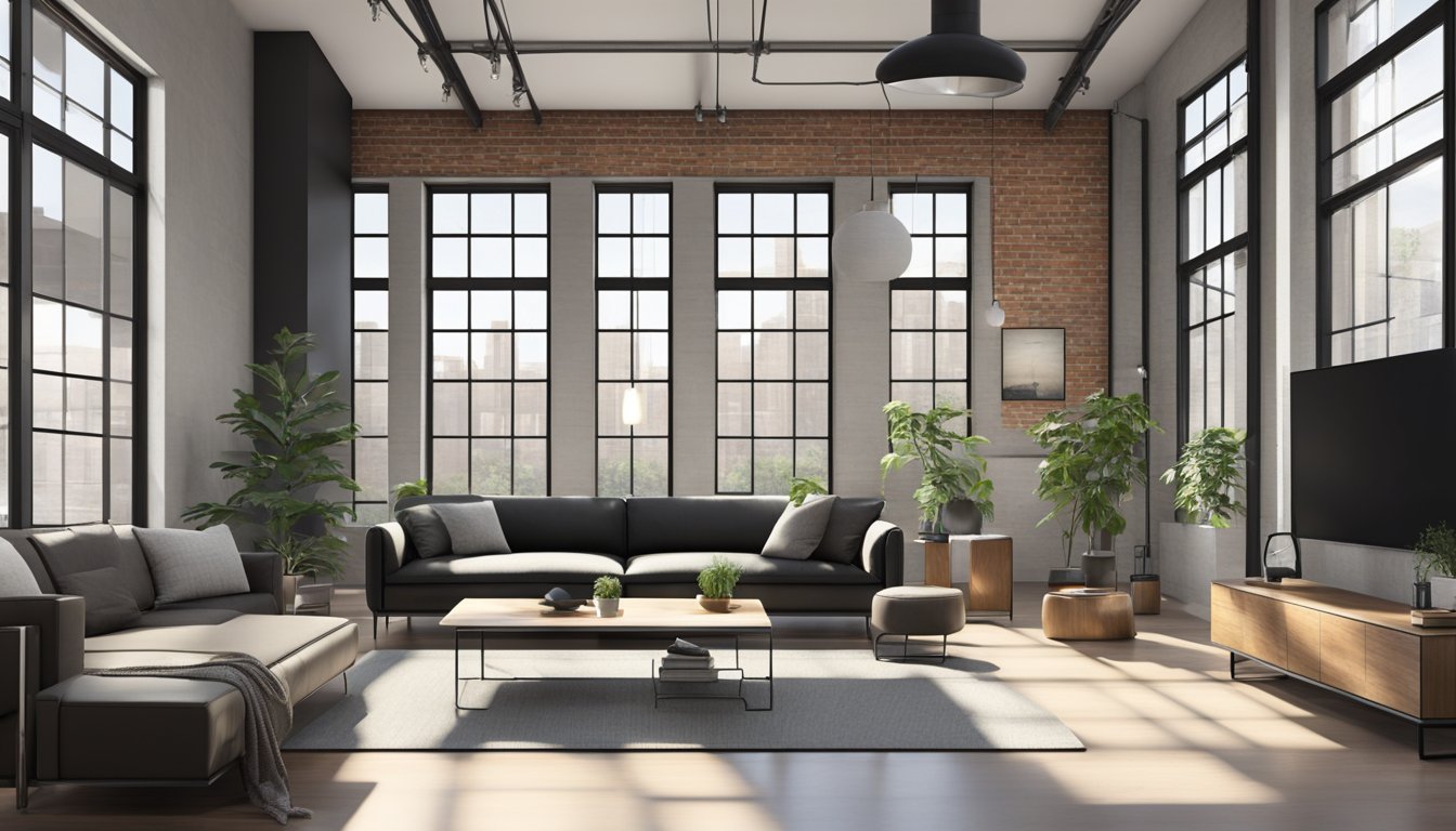 A sleek, minimalist industrial space with clean lines, exposed brick, and metal accents. Large windows flood the room with natural light, highlighting the modern furnishings and high ceilings