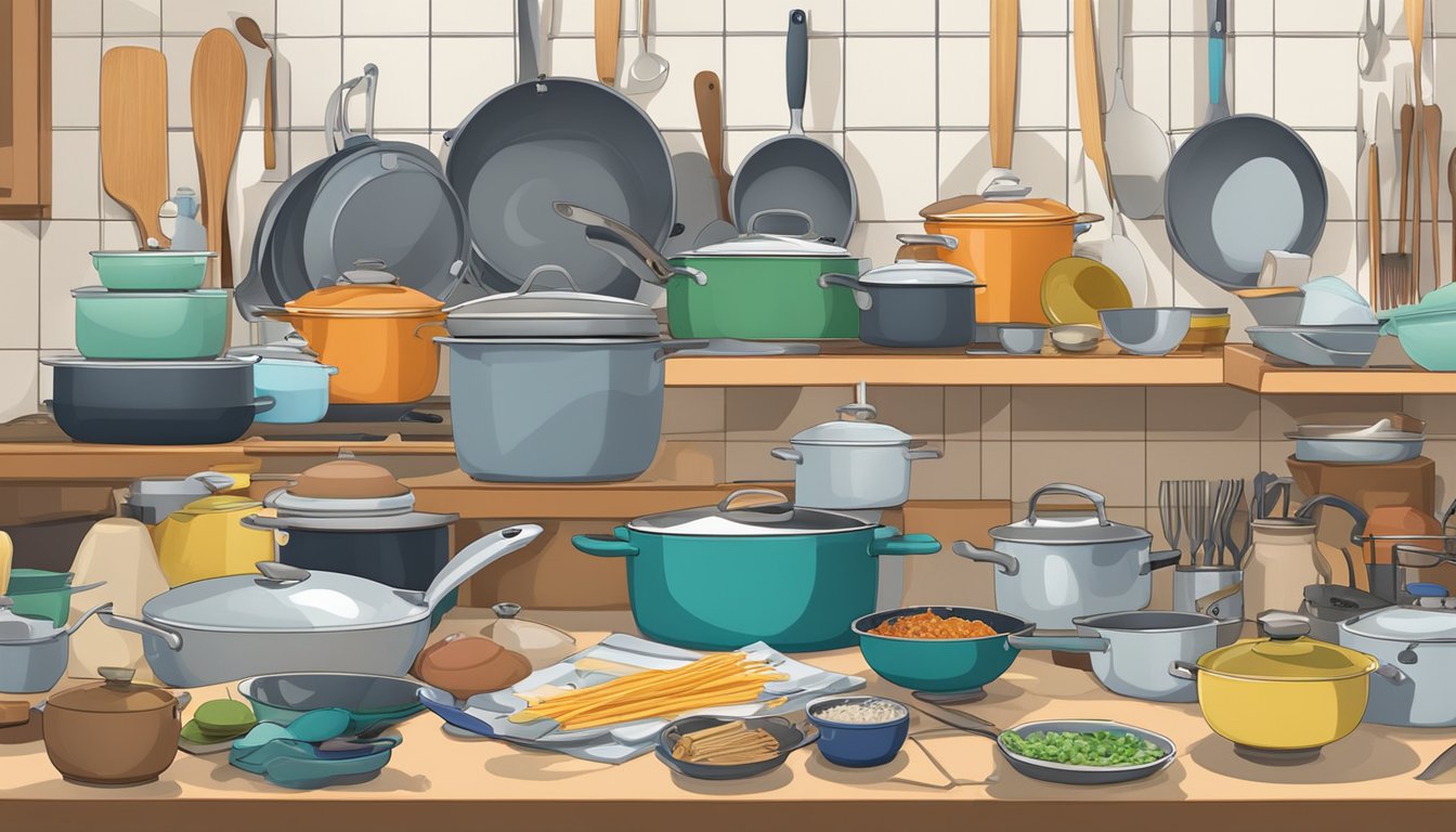 A cluttered kitchen counter displays various cookware and tools in a Singaporean kitchen