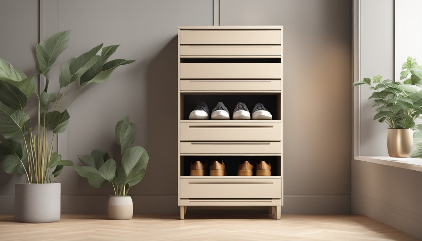 A shoe cabinet with multiple compartments, sleek and modern design, placed against a neutral-colored wall with ample lighting