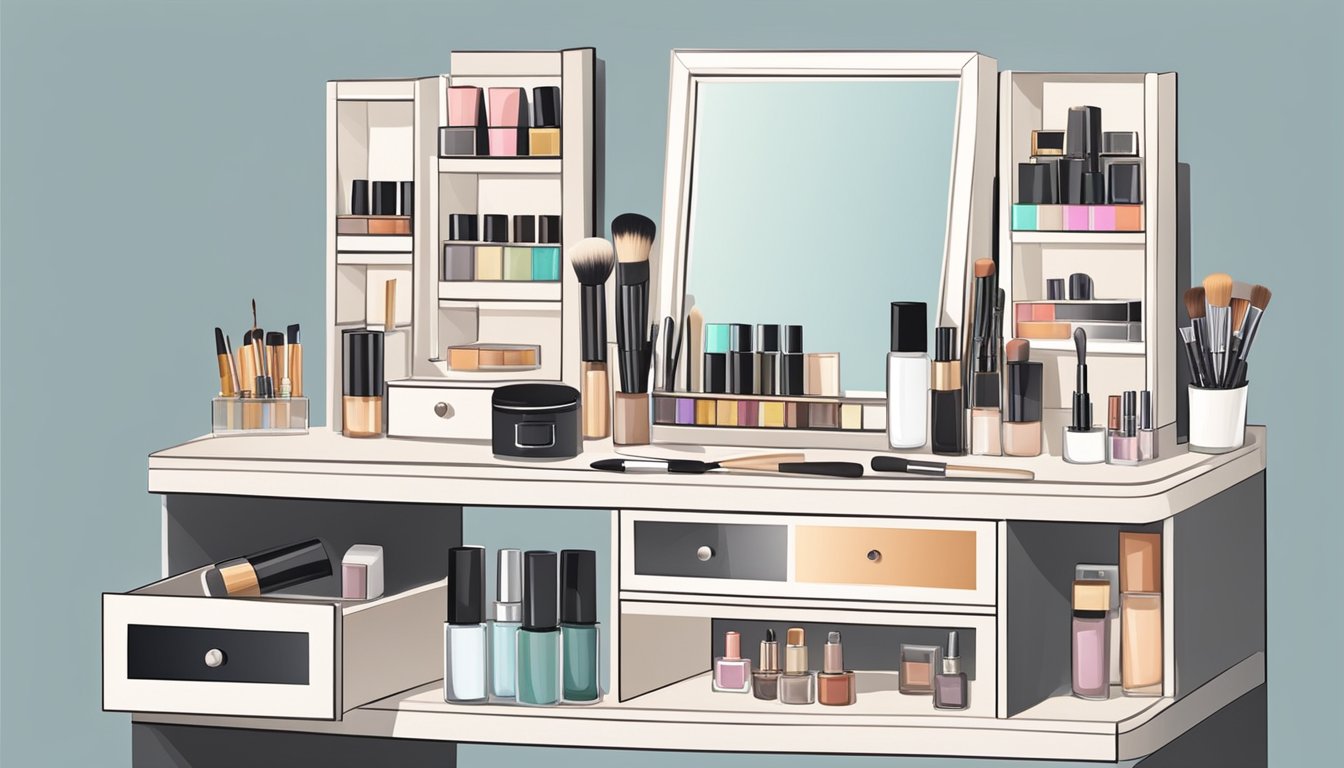 A small dressing table with various compartments and a mirror on top. It is neatly organized with makeup, brushes, and other beauty products