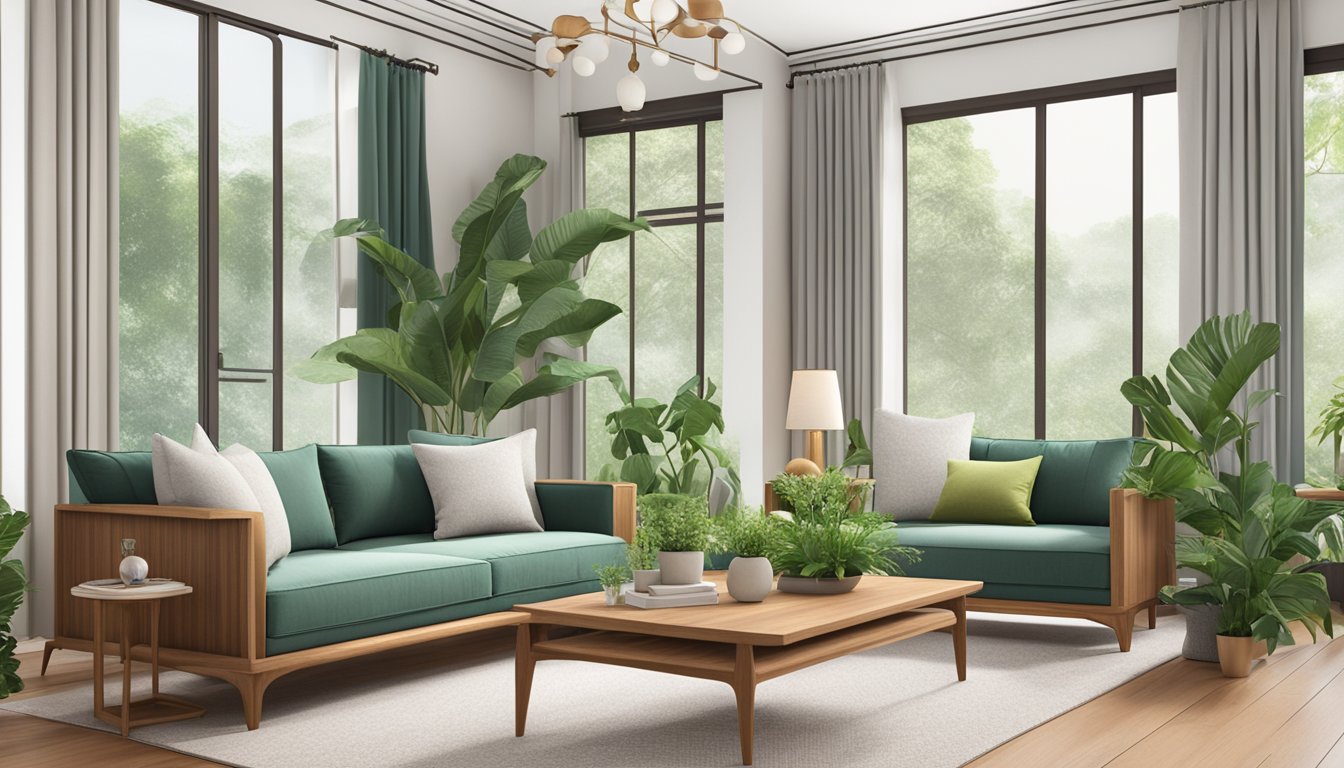 A cozy living room in Singapore showcases two elegant teak wood sofas, adorned with plush cushions and surrounded by lush green plants