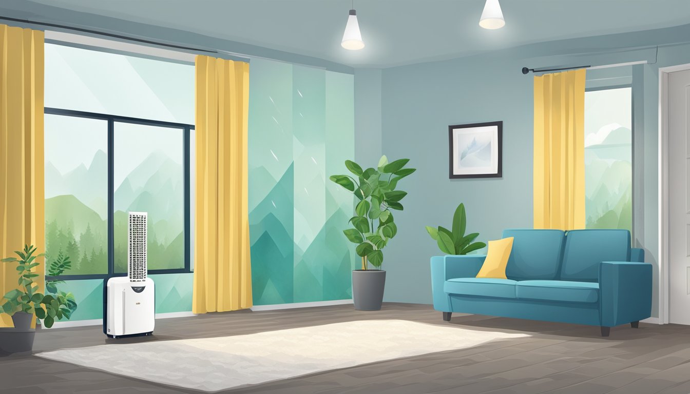 A dehumidifier removes moisture, preventing mould growth. It improves air quality and reduces allergies. Illustrate a dehumidifier in a damp room