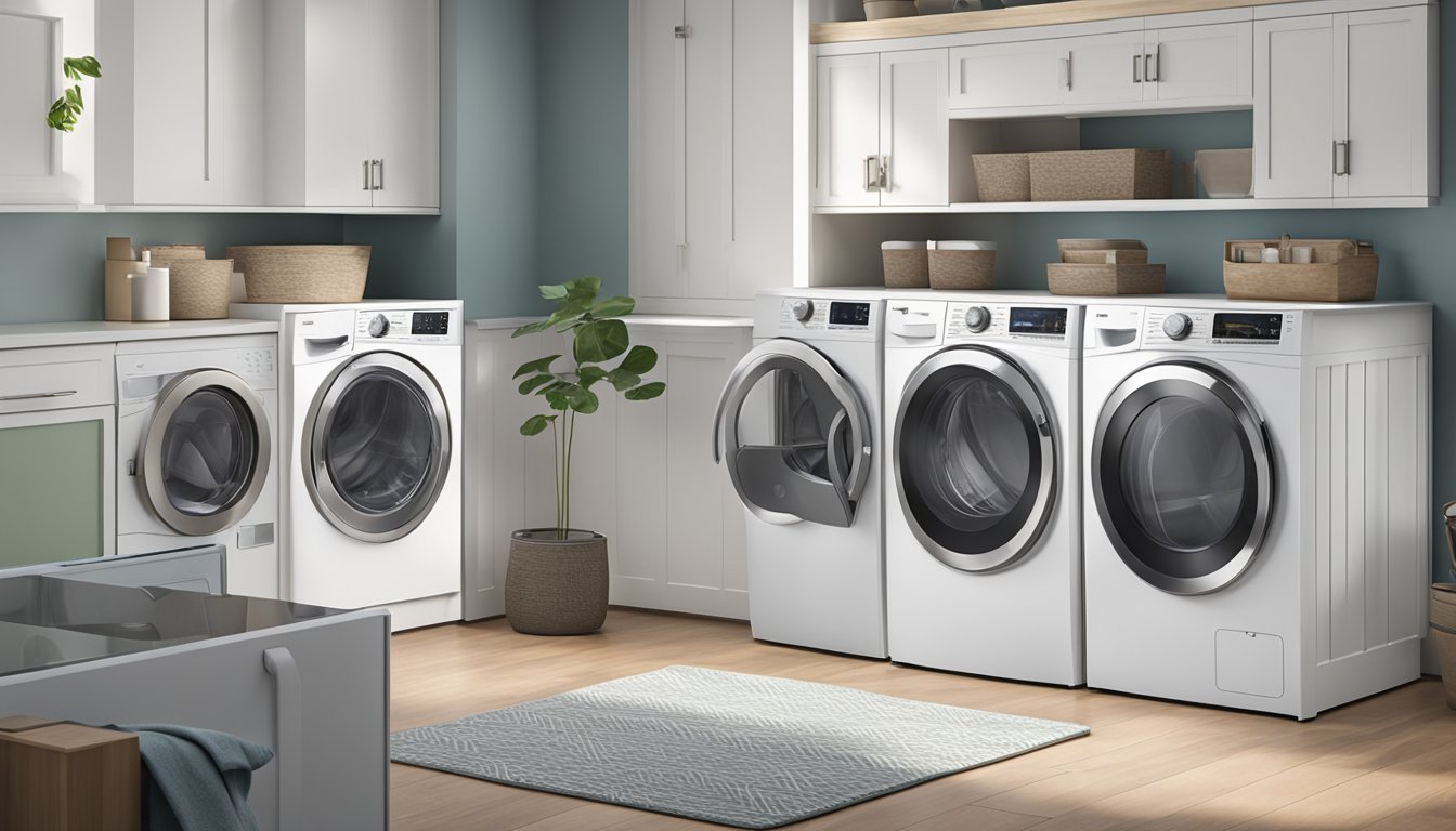 A front load washer and a top load washer sit side by side, each with their respective doors closed. The front load washer has a circular glass door, while the top load washer has a hinged lid