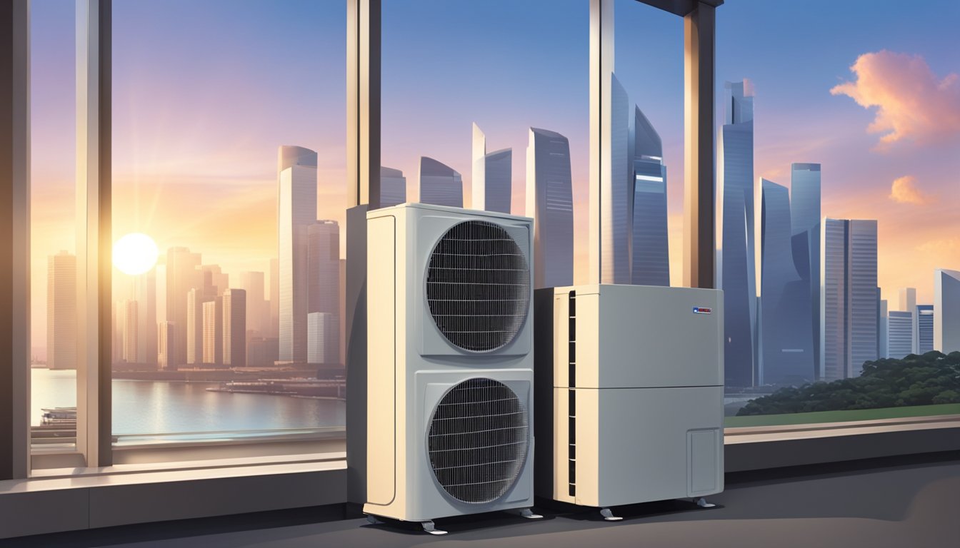 A modern, sleek air conditioner stands against a backdrop of the Singapore skyline, with the sun setting in the background