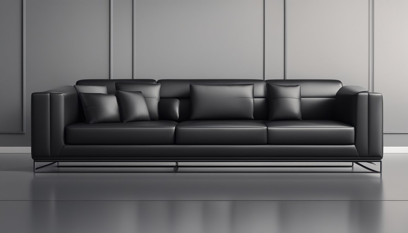 A sleek black leather sofa with three seats, set against a minimalist backdrop, with a modern and stylish ambiance