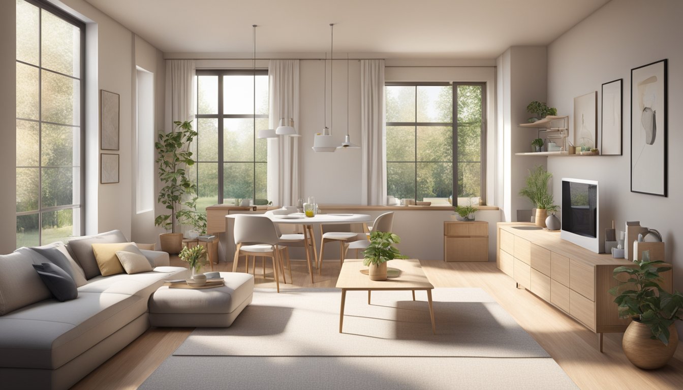 A cozy living room with minimalist furniture, soft neutral colors, and natural light streaming in through large windows. A small dining area with a compact table and chairs. A functional kitchen with sleek appliances and ample storage